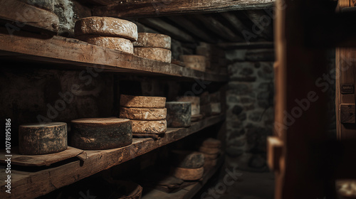 stone-walled cheese cellar with wooden racks holding numerous aged cheese varieties