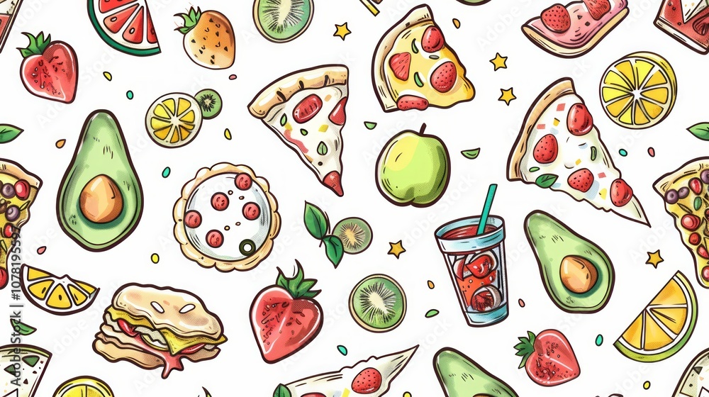 The image is a colorful and playful pattern featuring a variety of food and drink items. The image is a colorful and playful pattern featuring a variety of food and drink items.