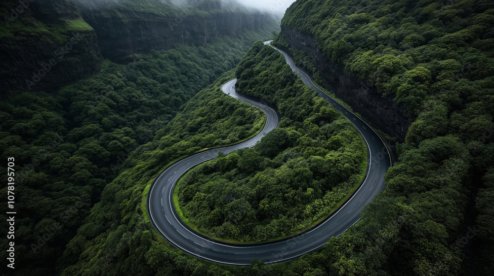 Winding road in a lush green mountainous landscape with dense forest and misty atmosphere, showcasing a serene and curvy route through nature Winding road in a lush green mountainous landscape with dense forest and misty atmosphere, showcasing a serene and curvy route through nature