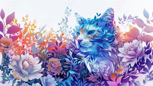 The image is an artistic and colorful illustration of a cat surrounded by various flowers and plants.