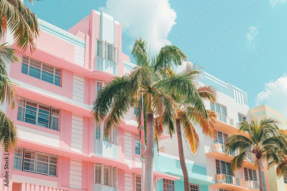 Fototapeta premium Colorful Art Deco Buildings With Palm Trees Under a Bright Blue Sky in Miami's South Beach During a Sunny Afternoon