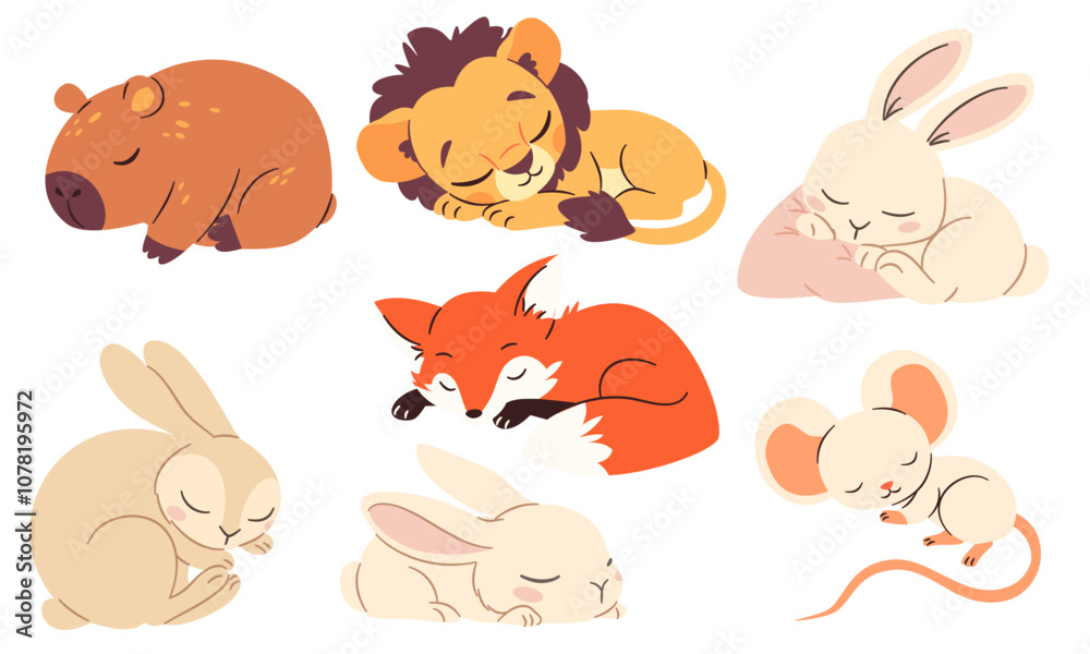 A set of flat vector illustrations in children's style. Cute sleeping bunnies lion cub fox mouse capybara on white background . Vector illustration A set of flat vector illustrations in children's style. Cute sleeping bunnies lion cub fox mouse capybara on white background . Vector illustration