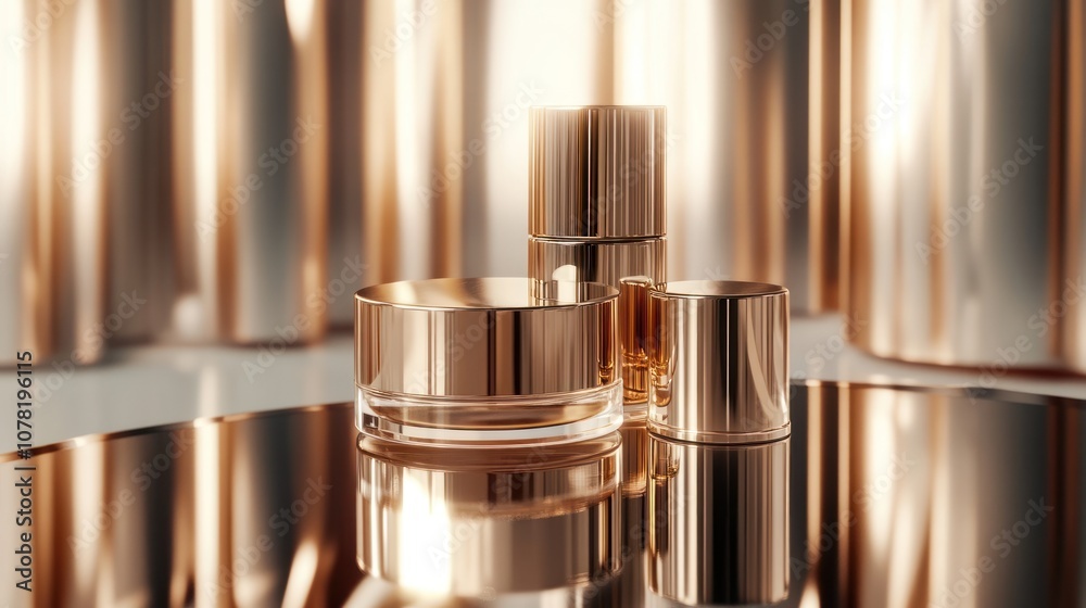 Gold Cosmetic Products on Reflective Surface Gold Cosmetic Products on Reflective Surface