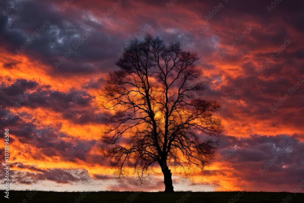 A single birch tree in silhouette set against a vivid yellow and red sky with dramatic cloud formation, Ai Generated A single birch tree in silhouette set against a vivid yellow and red sky with dramatic cloud formation, Ai Generated
