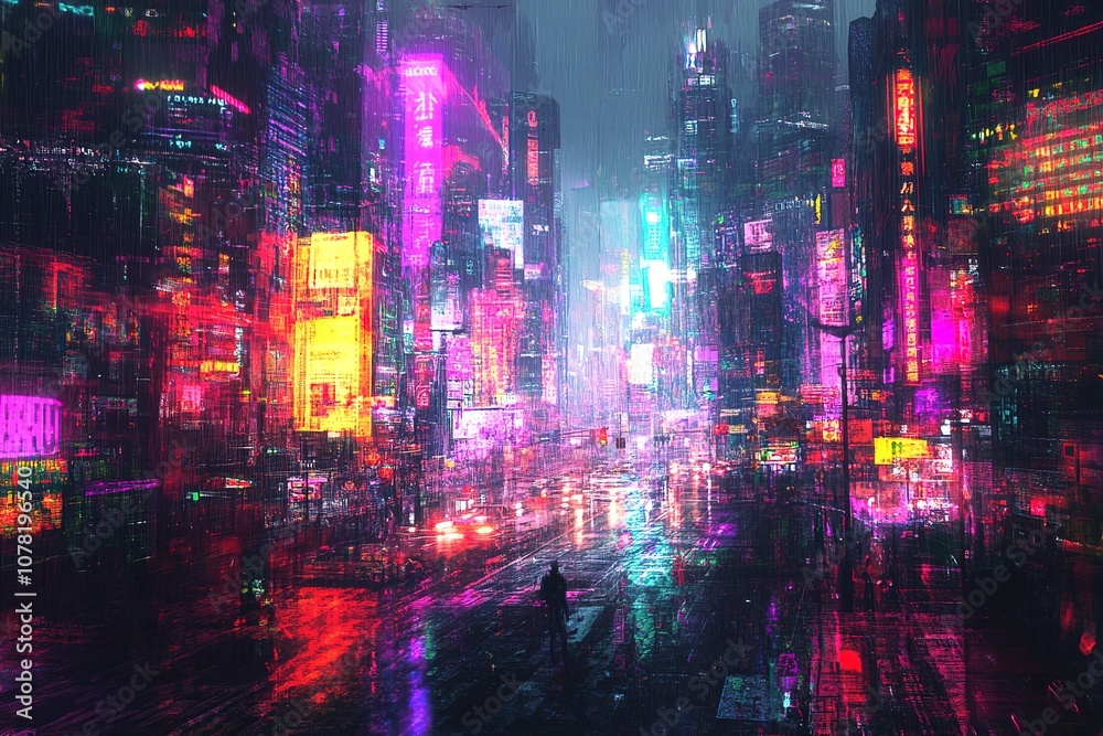 Fototapeta premium Rain-soaked neon city with vibrant colors and reflections