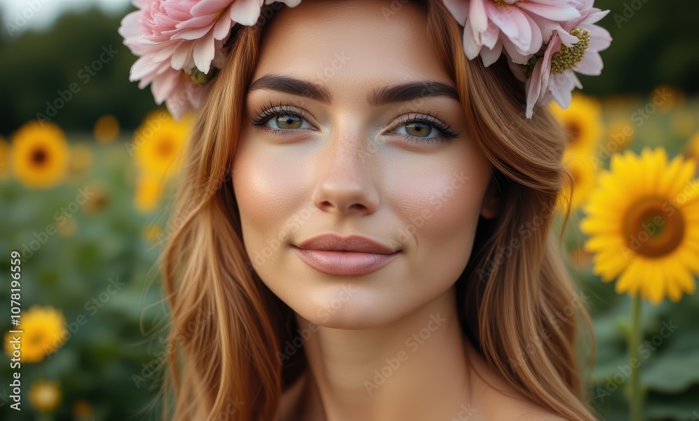 Woman with floral crown in sunflower field Woman with floral crown in sunflower field