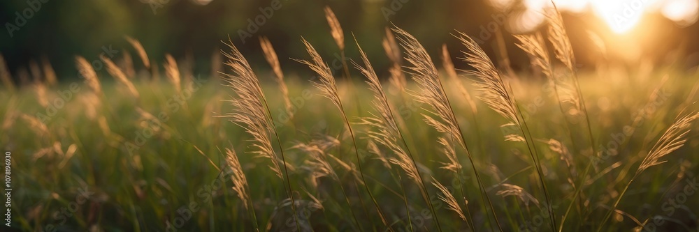 Wild grass in the forest at sunset. Abstract summer nature background Wild grass in the forest at sunset. Abstract summer nature background