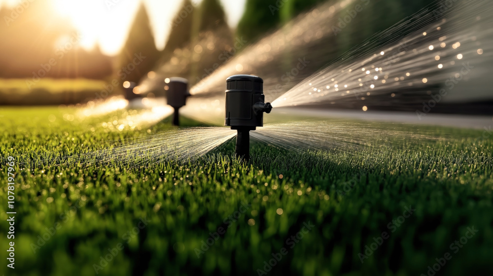 Close-up of garden sprinkler system watering a lush green lawn in a residential area during sunrise, with sunlight creating a bokeh effect.