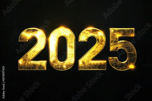 3D golden numbers 2025 and text Happy New Year on a black background, written in the center of the screen with an elegant font. 