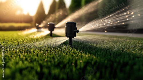 Close-up of garden sprinkler system watering a lush green lawn in a residential area during sunrise, with sunlight creating a bokeh effect.
