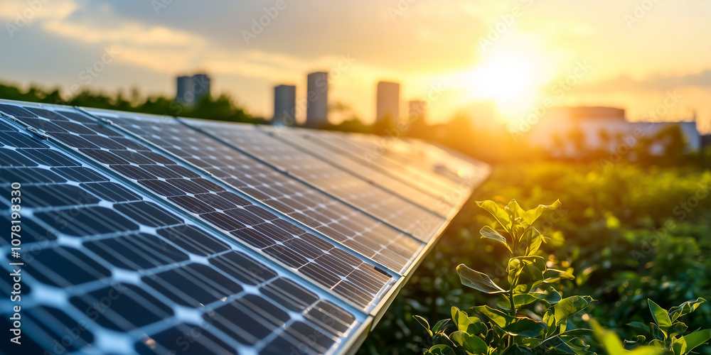 Fototapeta premium Solar panels in lush green cityscape harness renewable energy as sun sets, symbolizing sustainable urban living