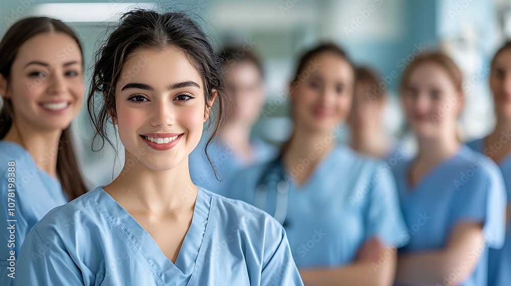 A high quality photo depicting a young nursing student standing confidently with her team in a hospital setting, all dressed in scrubs A high quality photo depicting a young nursing student standing confidently with her team in a hospital setting, all dressed in scrubs