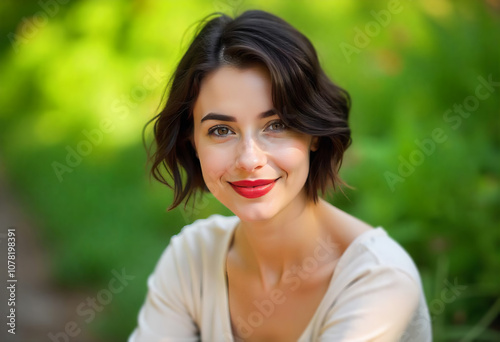 Portrait of a young girl with short hair and red lips