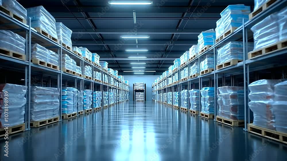 A cold room warehouse with multiple rows of industrial shelves loaded with neatly wrapped pallets of frozen products, the cool atmosphere maintained by ceiling-mounted refrigeratio A cold room warehouse with multiple rows of industrial shelves loaded with neatly wrapped pallets of frozen products, the cool atmosphere maintained by ceiling-mounted refrigeratio