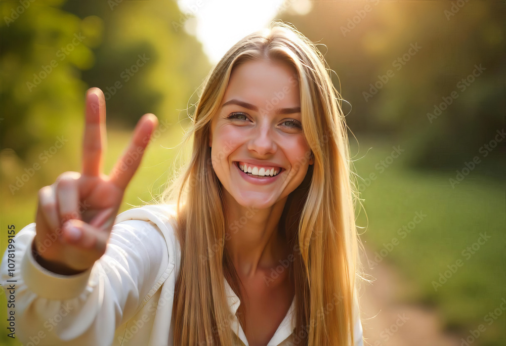 Happy girl smiling and showing victory sign Happy girl smiling and showing victory sign