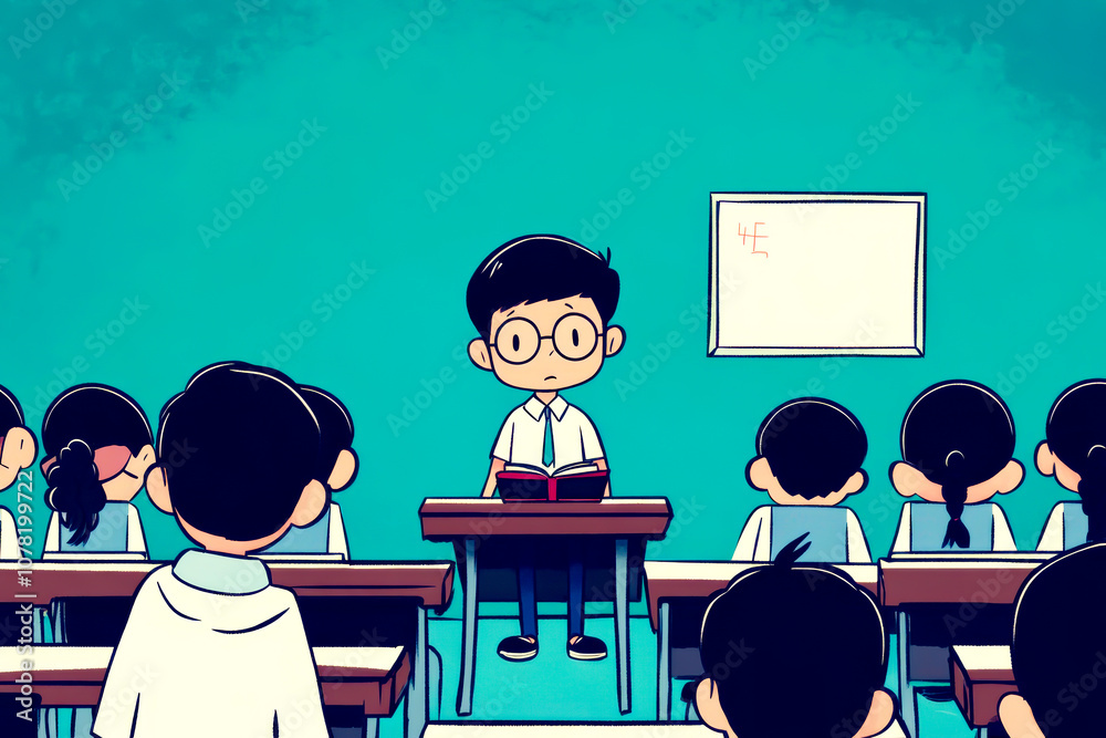 A cartoon drawing of a classroom with a boy reading a book in front of ...