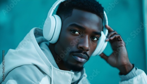 Close-up portrait of a young man with headphones, looking intensely at the camera. The teal background enhances the contemplative and focused expression on his face