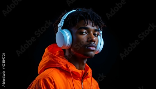 Portrait of a young man wearing headphones and an orange jacket, set against a dark background. His serious expression and the contrast of colors create a striking and modern look