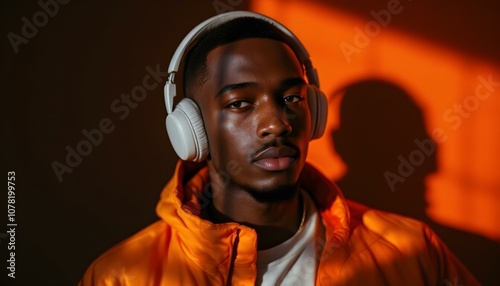 Portrait of a young man wearing headphones and an orange jacket, with a shadow cast on the wall behind him. The warm, orange light enhances the dramatic and stylish feel