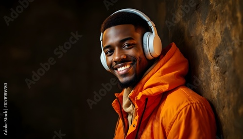 Smiling young man wearing headphones and an orange jacket, leaning against a textured wall. The warm tones create a cozy and stylish urban atmosphere