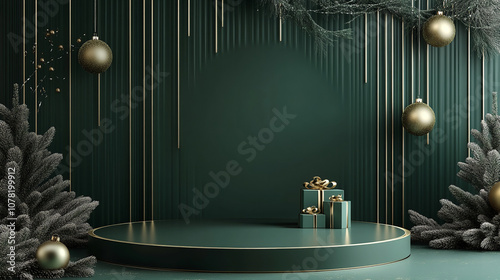 Elegant Green Luxury Christmas Podium with Empty Platform for Festive Product Presentation