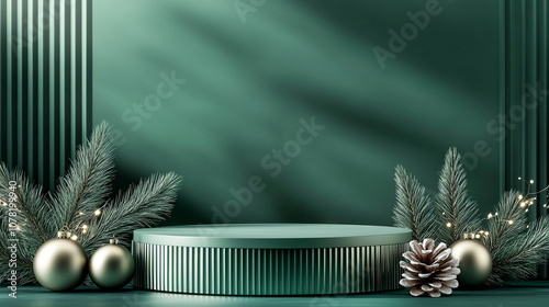 Elegant Green Luxury Christmas Podium with Empty Platform for Festive Product Presentation