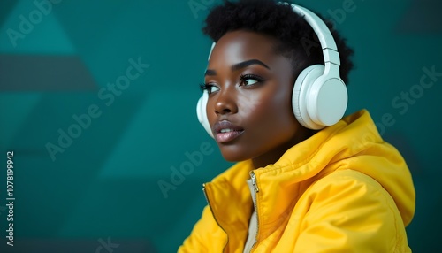Close-up of a young woman listening to music with headphones, wearing a yellow jacket against a teal background. Her expression is thoughtful and introspective