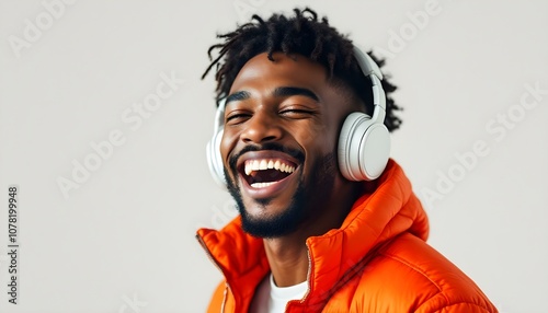 Portrait of a young man laughing joyfully while listening to music with headphones. He wears an orange jacket against a light background, exuding happiness and positivity