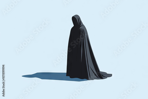 A person in a black cloak is standing in the snow. The person is wearing a hood and he is looking down. The image has a mysterious and ominous mood