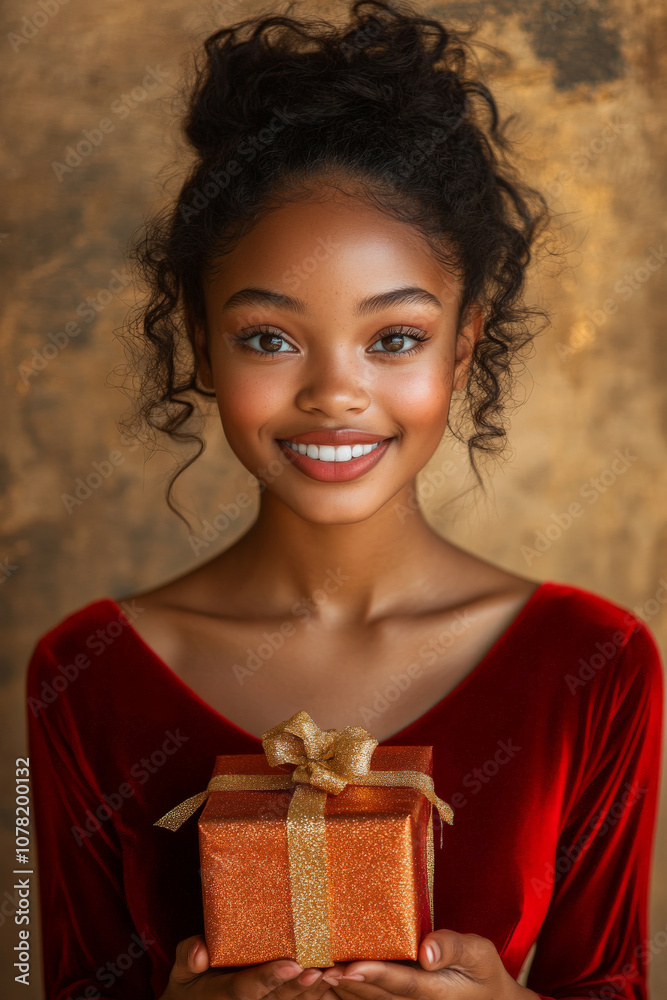 Festive Portrait of African American Young Adult Female Wearing Velvet Red Holiday Dress Holding Christmas Gift Festive Portrait of African American Young Adult Female Wearing Velvet Red Holiday Dress Holding Christmas Gift