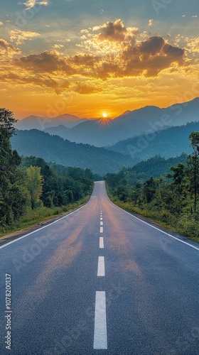 Winding road sunset: scenic path leading through hills toward bright horizon