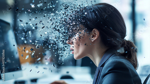 businesswoman face disintegrates into digital fragments, symbolizing stress and overload in modern office environment photo