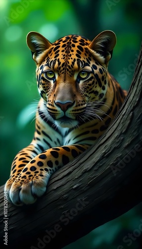 Close-up portrait of a majestic leopard resting on a tree branch in a dense jungle. Its golden eyes gaze intently, with a lush green background full of natural textures. The lighting captures the deta photo