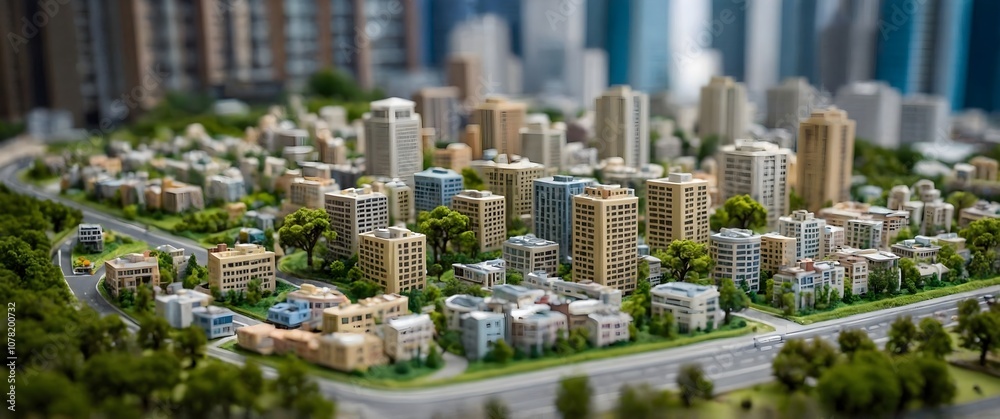 Naklejka premium Green Urban Environment with Trees and Modern Building Structures