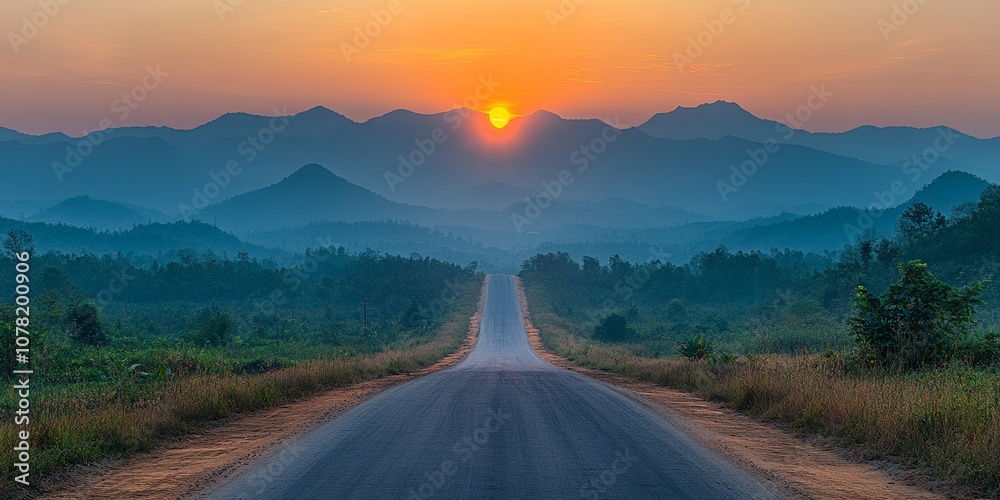 Winding road sunset: scenic path leading through hills toward bright horizon Winding road sunset: scenic path leading through hills toward bright horizon