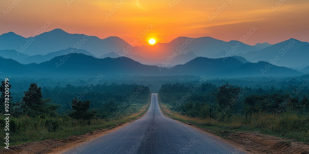 Fototapeta premium Winding road sunset: scenic path leading through hills toward bright horizon
