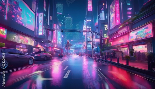 Street Night of Neo Tokyo in Panorama view, blue and pink lighting