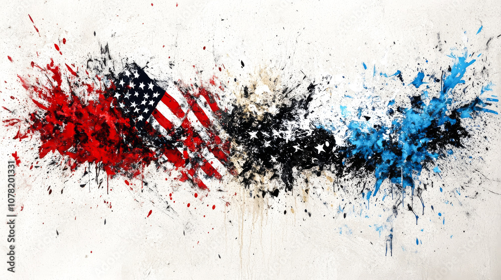 A painting of the American flag with a blue stripe and red stars. The painting is a mix of red, blue, and black colors A painting of the American flag with a blue stripe and red stars. The painting is a mix of red, blue, and black colors