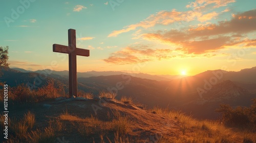 Rustic wooden cross on a hilltop with a vibrant sunset in the background, room for inspirational text