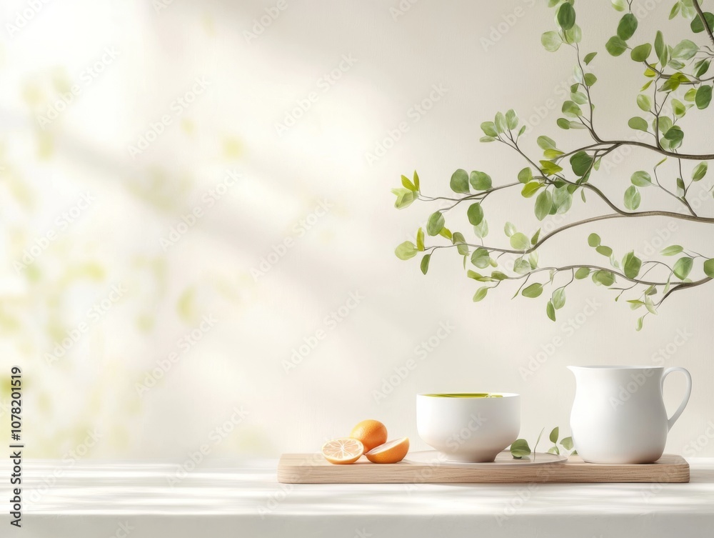 A serene setting featuring a cup and pitcher with fresh greenery. A serene setting featuring a cup and pitcher with fresh greenery.