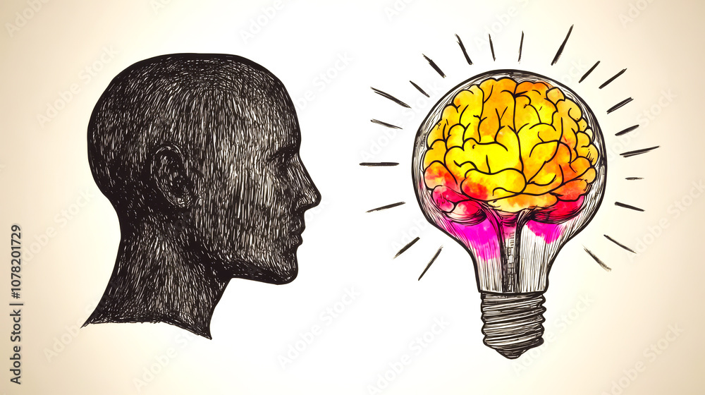 A drawing of a head and a light bulb. The head is drawn in a sketchy style and the light bulb is drawn in a more detailed style. Scene is one of creativity and inspiration A drawing of a head and a light bulb. The head is drawn in a sketchy style and the light bulb is drawn in a more detailed style. Scene is one of creativity and inspiration