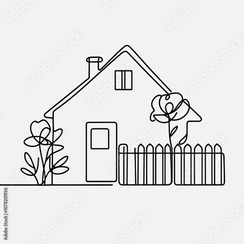 Minimalist line drawing of a cozy house with a picket fence and plants