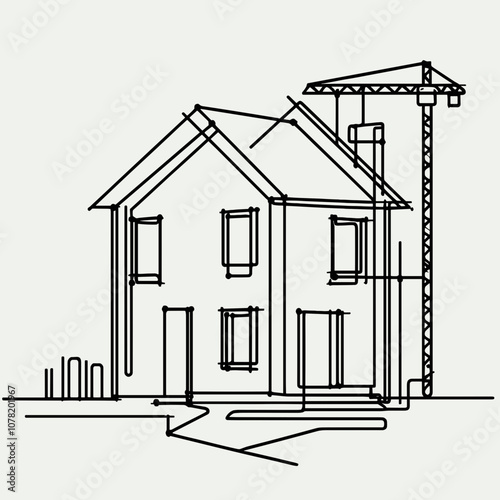  Minimalist linear drawing of a house under construction with scaffolding and construction crane