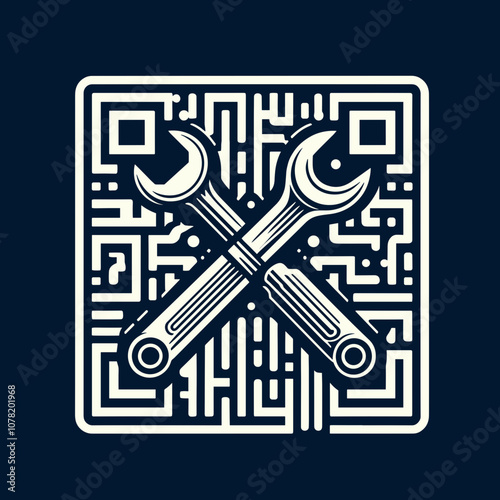 Technical QR code design with crossed wrenches for repair services and copy space