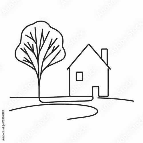 Minimalist line drawing of a house and tree in a simple landscape