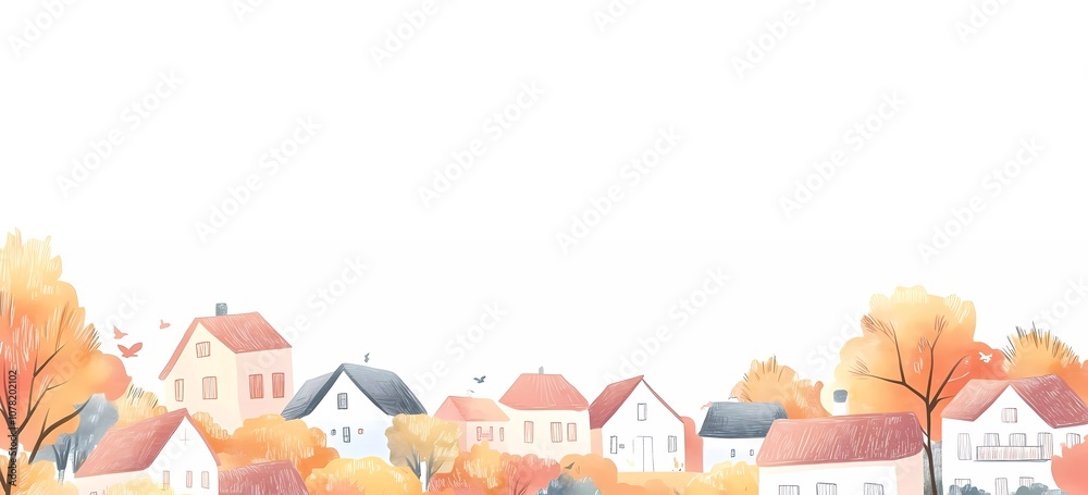 Hand-Drawn European Countryside Houses and Cityscape Banner for Children’s Books