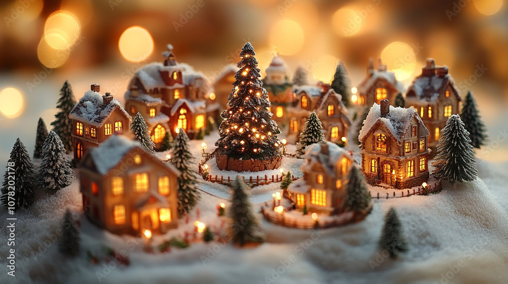 Fototapeta premium Charming snow-covered village with glowing cottages and festive decorations during winter holiday season
