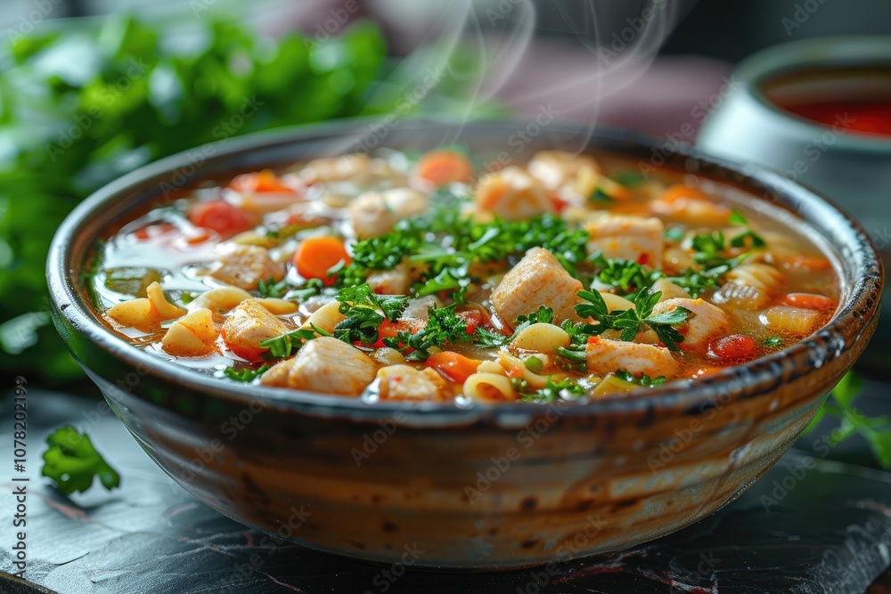 Steaming Bowl of Chicken Noodle Soup with Parsley Garnish Steaming Bowl of Chicken Noodle Soup with Parsley Garnish