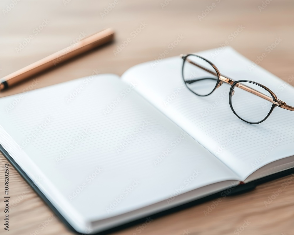 An open notebook and glasses on a wooden table, perfect for studying or note-taking. An open notebook and glasses on a wooden table, perfect for studying or note-taking.