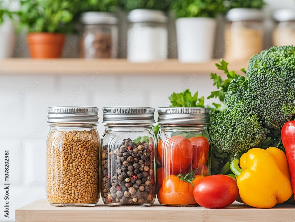 Colorful fresh vegetables and spices in glass jars on a kitchen countertop.